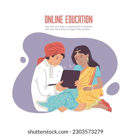 Online education banner or poster for Indian children, flat vector illustration isolated on white background. Indian kids modern online education advertising banner.