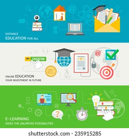 Online education banner set with distance e-learning elements isolated vector illustration