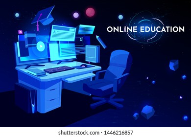 Online education banner, student workplace with computer table, Pc monitor and armchair, home working place desk, remote studying, academic cap, neon glowing futuristic background. Cartoon vector