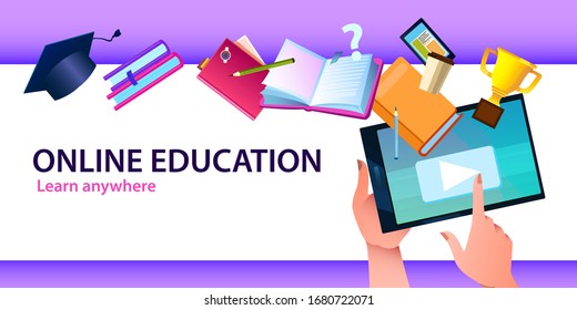 Online education banner with tablet, books, academic cap, prize, coffee cup, notebook and smartphone. E-learning background in flat style with copy space. 