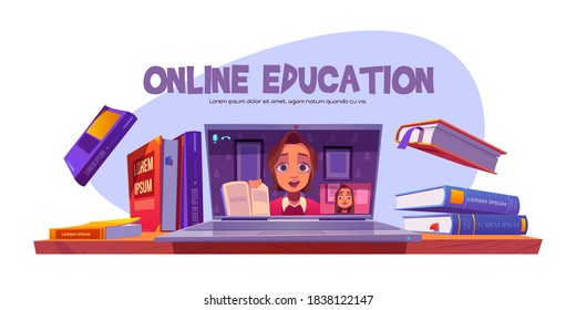 Online education banner with teacher conduct webinar for student remotely, girl studying via internet. Tutor teaching distant, video training technology, computer software, cartoon vector illustration