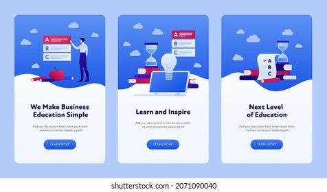 Online education banner template. Vector flat illustration set. Collection of vertical layout. Exam, lightbulb, bool, pencil and students symbols. Design for business training and university courses