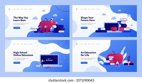 Plantilla de banner de educación en línea. Conjunto de ilustración plana vectorial. Colección de diseño horizontal. Computadora, manzana, libros y símbolos estudiantiles. Diseño de cursos de formación empresarial y universitaria