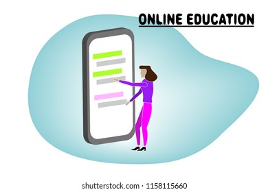 Online education banner. Training, online tutorial concept. Woman with smartphone. vector illustration