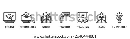 Online education banner vector illustration concept with icon of course, technology, study, teacher, training, learn and knowledge