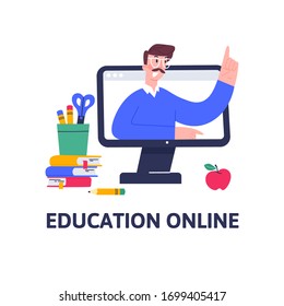 Online education banner. Video course, web seminar, internet class, personal teacher service with male mentor. Vector flat characters in trendy style