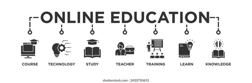 Online education banner web icon vector illustration concept with icon of course, technology, study, teacher, training, learn and knowledge	