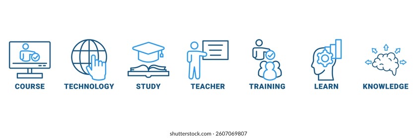 Online Education banner web icon vector illustration concept with icon of course, technology, study, teacher, training, learn, knowledge