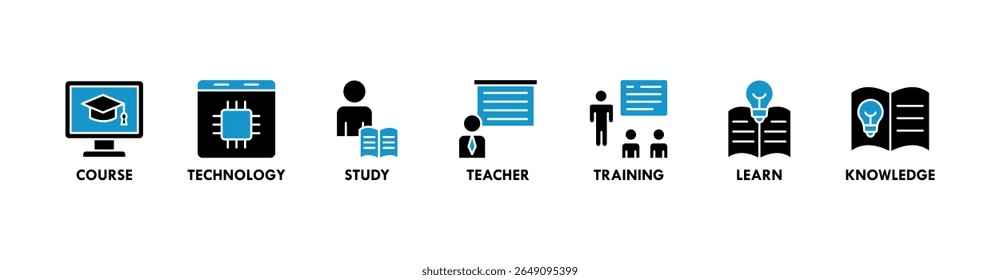 Online education banner web icon vector illustration concept with icon of course, technology, study, teacher, training, learn and knowledge