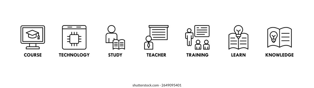 Online education banner web icon vector illustration concept with icon of course, technology, study, teacher, training, learn and knowledge