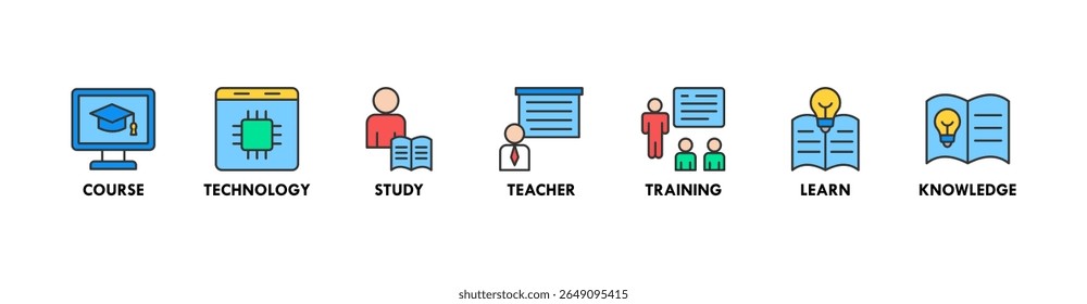 Online education banner web icon vector illustration concept with icon of course, technology, study, teacher, training, learn and knowledge