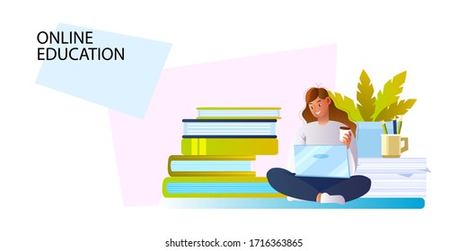 Online education banner with young girl, laptop, books and plant. E-learning concept for landing pages. Illustration in flat style with female character for internet courses, webinars, trainings, ads