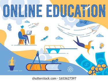 Online Education Banner. Young Learning Woman Sitting at Desk with Computer Monitor, Studying Graphs on Abstract Background with Money and Educational Icons. Creative Cartoon Flat Vector Illustration