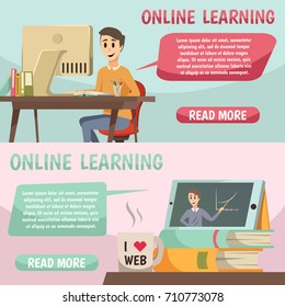 Online education banners In comics style with image of lecturer in tablet student at monitor and speech bubbles flat vector illustration   