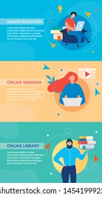 Online Education Banners Set on Color Space. Text Headers Kit for Landing Pages with E-Learning, E-library, Distant Webinar Courses, Lectures and Certificate Programs Offers. Vector Flat Illustration