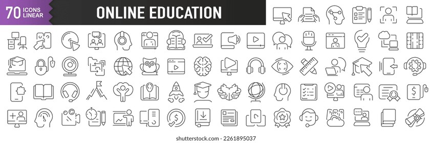 Online education black linear icons. Collection of 70 icons in black. Big set of linear icons