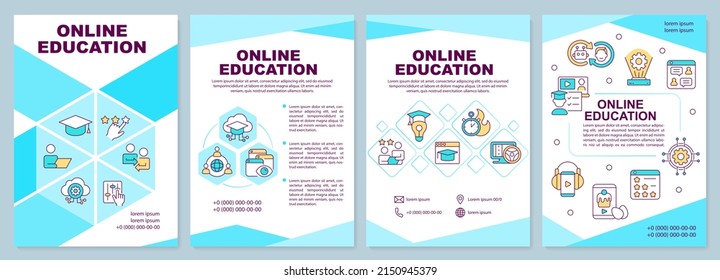 Online education blue brochure template. Learning trend. Leaflet design with linear icons. 4 vector layouts for presentation, annual reports. Arial-Black, Myriad Pro-Regular fonts used