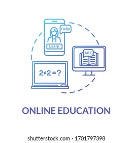 Online education blue concept icon. E learning with laptop. Internet workshops and masterclasses. Remote learning idea thin line illustration. Vector isolated outline RGB color drawing