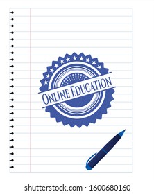 Online Education blue ink pen emblem. Vector Illustration. Detailed.