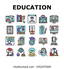 Online Education Book Collection Icons Set Vector. Online Education Lesson And Library, Internet Test And Examination, Student Graduate Concept Linear Pictograms. Contour Illustrations