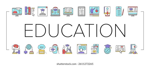 Online Education Book Collection Icons Set Vector. Online Education Lesson And Library, Internet Test And Examination, Student Graduate Concept Linear Pictograms. Contour Illustrations