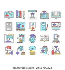Online Education Book Collection Icons Set Vector. Online Education Lesson And Library, Internet Test And Examination, Student Graduate Concept Linear Pictograms. Contour Illustrations