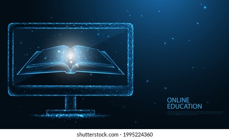 Online Education. Book and computer screen line connection. Low poly wireframe design. Abstract geometric background. vector illustration.