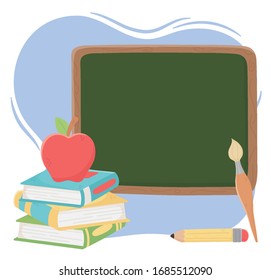 online education, books chalkboard paintbrush pencil apple on books vector illustration