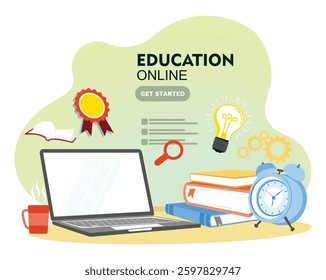Online education with books, laptops, and education icons. Distance courses with digital cloud library. E-learning concept. Flat vector illustration.