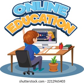 Online education with a boy studying online illustration