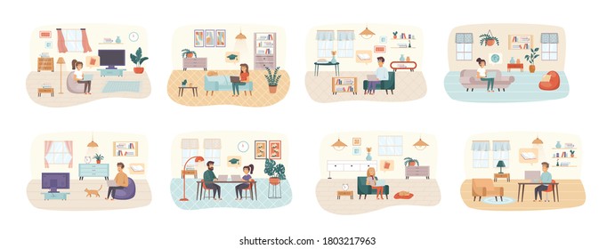 Online education bundle of scenes with people characters. Educational web seminar, internet classes conceptual situations. Student learning online at home with computer cartoon vector illustration.