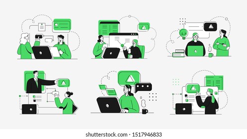 Online Education Business Concept illustrations. Collection of scenes with men and women taking part in activities of educating or instructing. Outline vector illustration.