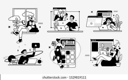 Online Education Business Concept illustrations. Collection of scenes with men and women taking part in activities of educating or instructing. Outline vector illustration.