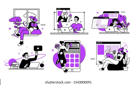 Online Education Business Concept illustrations. Collection of scenes with men and women taking part in activities of educating or instructing. Outline vector style.