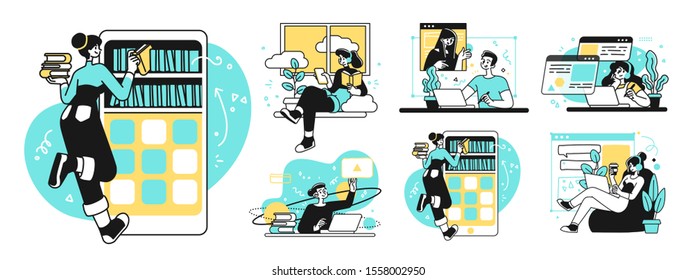 Online Education Business Concept illustrations. Collection of scenes with men and women taking part in activities of educating or instructing. Outline vector illustration.