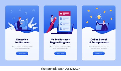 Online education for business concept. Vertical banner template. Vector flat modern illustration set. Collection of layout with male and female people. Money, laptop, lightbulb, book and exam symbol