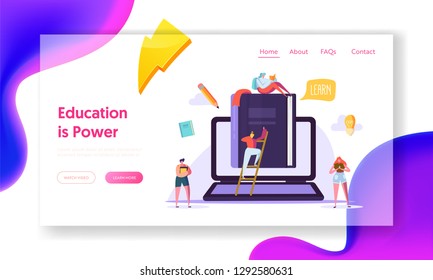 Online Education Business Course Landing Page. Student Training by Digital Book Technology. Web Video Library Idea. Distance Teaching School Creative Website. Flat Cartoon Vector Illustration