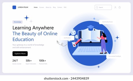 Online education or business courses. Landing page website design. Presentation slide template. E-learning concept. Modern vector illustration concepts for website and mobile website development