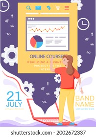 Online education or business training banner. Video course on educational platform, project on internet. Training poster, seminar announcement for businessmen, webinar for knowledge and information