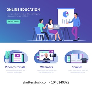 
Online education  and business training concept. Flat style vector illustrations with trendy gradients.