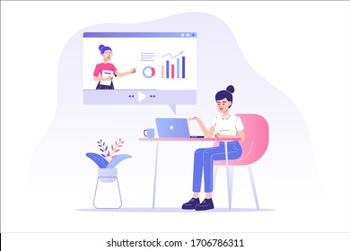 Online education or business training concept. Online woman mentor on user interface. Distance education during coronavirus quarantine. Webinar or video seminar. E learning. Vector illustration