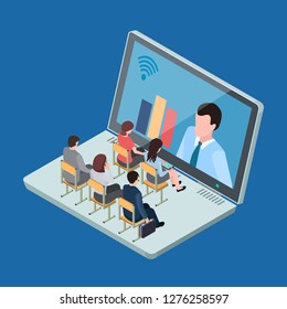 Online education or business training isometric vector concept