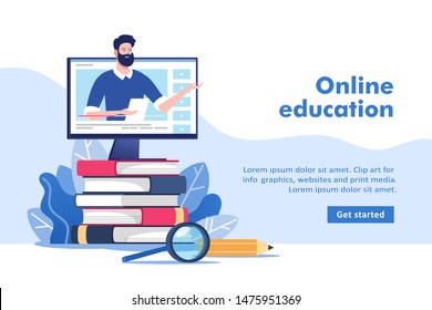 Online education or business training. Pile of books and computer with mentor. Vector illustration for mobile and web graphics.