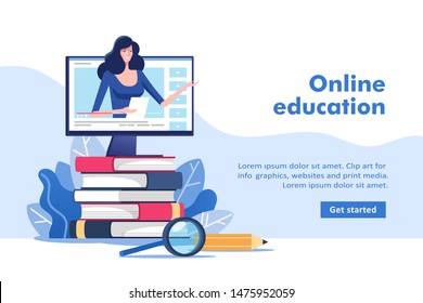 Online Education Or Business Training. Pile Of Books And Computer With Mentor. Vector Illustration For Mobile And Web Graphics.