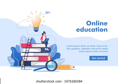 Online education or business training. Pile of books and computer with mentor. Vector illustration for mobile and web graphics.