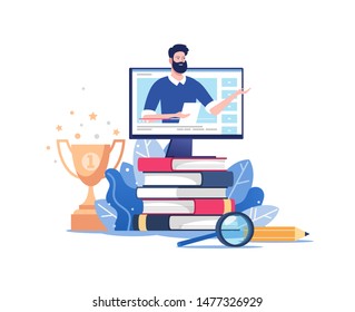 Online education or business training. Pile of books and computer with mentor. Vector illustration for mobile and web graphics.