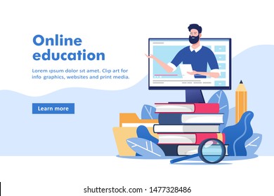 Online education or business training. Pile of books and computer with mentor. Vector illustration for mobile and web graphics.