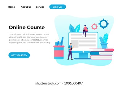 Online education or business training. Pile of books and tablet pc with video course, people with smart gadgets.Adult characters in trendy style, vector illustration