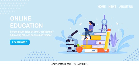 Online Education or Business Training. Pile of Books and woman Student Learning Web Courses or Tutorials by Laptop. Educational Web Seminar, Internet Classes, E-learning by Webinar. Vector design
