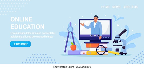 Online education or business training. Pile of books and computer with video course and professional personal teacher on screen. Educational web seminar, internet classes, E-learning by webinar 